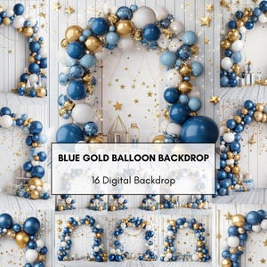Blue and Gold Balloon Backdrop Set: Party Photo Backgrounds (16 PNG Digital Download)