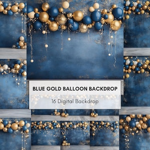 Blue and Gold Balloon Backdrop: Party Photo Backgrounds (16 PNG Digital Download)