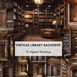 Puede incluir: Un collage de imágenes que muestran un telón de fondo de biblioteca vintage. El telón de fondo presenta estanterías de madera oscura llenas de libros, un sillón de cuero y una alfombra estampada. Se muestra el texto "VINTAGE LIBRARY BACKDROP" y "16 Digital Backdrop".