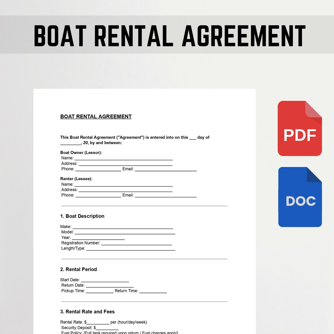 Boat Rental Agreement Template, Editable DOC PDF, Boat Lease Contract ...