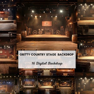 Puede incluir: Imagen compuesta de un telón de fondo de escenario country rústico. El escenario está hecho de madera desgastada, con barriles, ruedas de carro e iluminación de escenario. Se muestra el texto "GRITTY COUNTRY STAGE BACKDROP" y "16 Digital Backdrops".