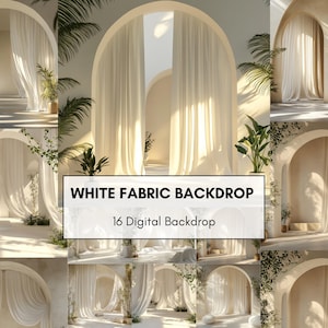 以下が含まれることがあります： 白い布のカーテンが付いた複数のアーチが特徴のデジタル背景。画像には鉢植えの植物と、白い長方形の中に「WHITE FABRIC BACKDROP」と「16 Digital Backdrops」というテキストが含まれています。