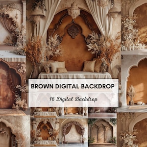 Pode incluir: Uma colagem de 16 fundos digitais castanhos com tema boêmio. Os fundos apresentam arcos ornamentados, tecidos drapeados, arranjos florais secos e almofadas decorativas. O texto "BROWN DIGITAL BACKDROP" e "16 Digital Backdrop" é exibido.
