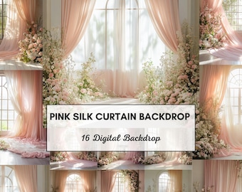 Pink Silk Curtain Photography Backdrop: Elegant PNG Photo Overlays (Digital Download