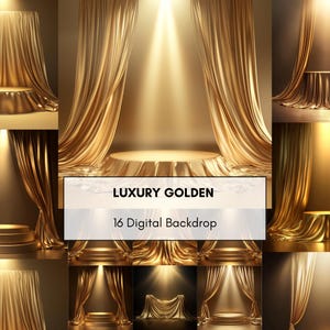 May include: A collage of golden digital backdrops. The image features draped golden fabric, stage-like platforms, and spotlights. The text "LUXURY GOLDEN" and "16 Digital Backdrop" are displayed on a white rectangle.