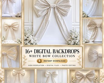 White Bow Digital Backdrop: Elegant Wedding & Party Decor (16 PNG Files