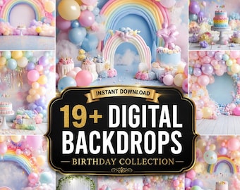 Birthday Party Backdrop: Balloon Arch, Cake Smash Scenes (19 PNG Digital Backgrounds