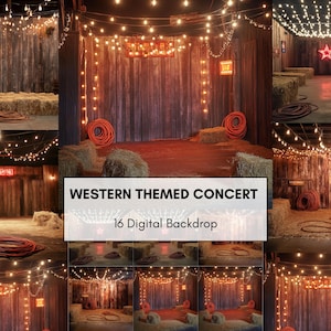 Peut inclure: Un collage de fonds numériques sur le thème du western. Les images présentent une scène en bois rustique, des balles de foin, des guirlandes lumineuses et une ambiance chaleureuse. Le texte sur l'image indique "Western Themed Concert" et "16 Digital Backdrop."