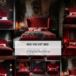Puede incluir: Un collage de imágenes que muestran una cama de terciopelo rojo con un cabecero alto y acolchado. La cama está adornada con almohadas y una manta. El texto "RED VELVET BED" y "16 Digital Backdrop" se muestra en un rectángulo blanco.