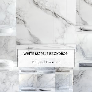 Könnte beinhalten: Eine Sammlung von 16 digitalen Hintergründen mit weißen Marmormustern. Das Bild zeigt verschiedene Marmortexturen, einschließlich Podesten und Hintergründen. Der Text lautet "WHITE MARBLE BACKDROP" und "16 Digital Backdrop".