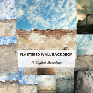 Puede incluir: Un collage de fondos digitales con paredes enlucidas desgastadas, ladrillos y cielos nublados. El texto "PLASTERED WALL BACKDROP" y "16 Digital Backdrop" se muestra en un rectángulo blanco.