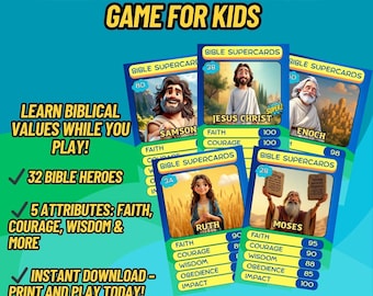 May include: A vibrant image of a Christian printable card game for children. The cards depict Bible figures such as Samson, Jesus Christ, and Moses. The game aims to teach biblical values. The text says "Instant Download - Print and Play Today!"