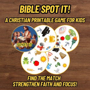 Trouvez la Bible ! – Jeu d'associations chrétien imprimable pour enfants | 57 cartes | Versions rondes et carrées | Activité d'école du dimanche