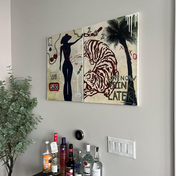 Retro Bar Cart Wall Art - Set of 2– Cowgirl & Tiger Painting– (Print or Canvas)