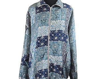 Chaqueta bomber vintage Oleg Cassini 100 % seda para mujer, estilo bohemio con patchwork