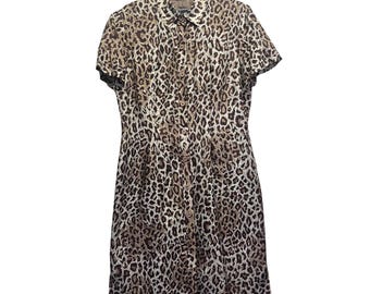 Vestido camisero Lennie para Nina Leonard, 100% seda, estampado de leopardo, con botones delanteros, talla 12, estilo Y2K