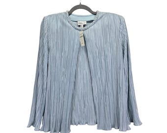 Chaqueta cárdigan Coldwater Creek azul plisada con cuello de cuentas y frente abierto, talla petite 12, nueva con etiquetas.