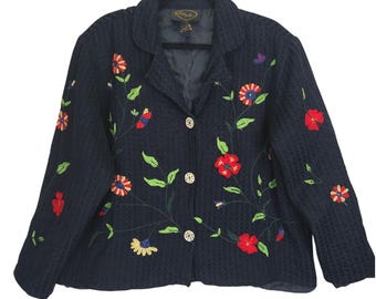 Chaqueta tipo blazer vintage Alex Kim para mujer, talla 1X, bordada con flores, estilo caprichoso y artístico.