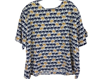 Camisa vintage Maggie Barnes con estampado de camellos para mujer, talla 28W, estampado animal, estilo bohemio y cuadrado