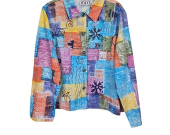 Chaqueta vintage Keren Hart XL con parches coloridos, abstracta, retro, años 90, botones y estilo artístico.