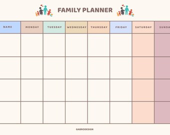 May include: A beige family planner with a grid layout for weekly scheduling. The top features the words "FAMILY PLANNER" and illustrations of families. The days of the week are color-coded, with a section for the name and space for notes.