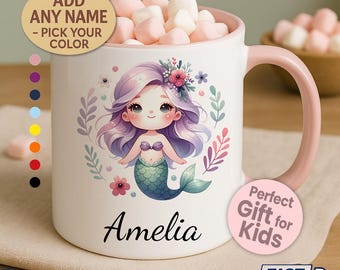 Personalized Mermaid Mug with Name – Pastel Ocean Kids Cup for Hot Chocolate | Mermaid Gift