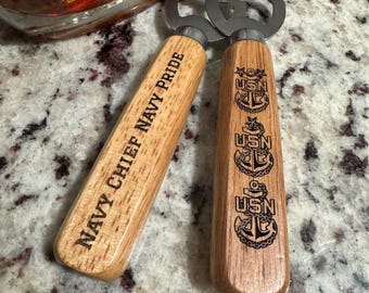 Navy Chief Bottle Opener: Rustic Wooden Handle, Military Gift