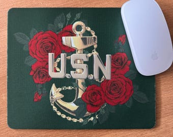 Tappetino per mouse con ancora USN e rosa rossa / Decorazione nautica floreale militare per scrivania