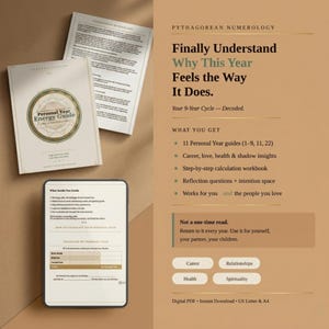 May include: A flat lay featuring a book titled "Personal Year Energy Guide" with a circular design, loose pages, and a tablet. The text on the right side reads "Finally Understand Why This Year Feels the Way It Does."