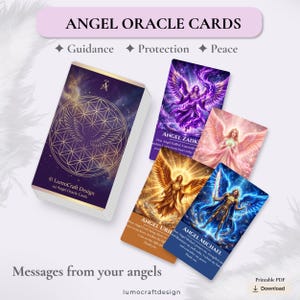 Könnte beinhalten: Ein Kartenspiel "Angel Oracle Cards" mit einem lila-goldenen Design, das Engel-Illustrationen zeigt. Die Karten sind mit Sätzen wie "Guidance" und "Protection" beschriftet. Der Text "Messages from your angels" ist ebenfalls sichtbar.