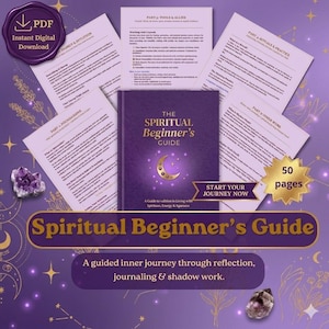 Pode incluir: Um livro roxo intitulado "The Spiritual Beginner's Guide" com um design de lua crescente, rodeado por páginas soltas e cristais. A imagem inclui o texto "Start Your Journey Now" e "50 páginas".
