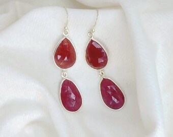 7月の誕生石ルビーイヤリング 925スターリングシルバー ドロップイヤリングワイヤー ルビーハンドメイドジュエリー