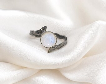 Handmade Oxidized Sterling Silver Rainbow Moonstone Ring, Boho Minimalist Jewelry