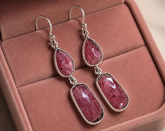 Handmade Ruby Drop Earrings, 925 Sterling Silver Dangle Jewelry