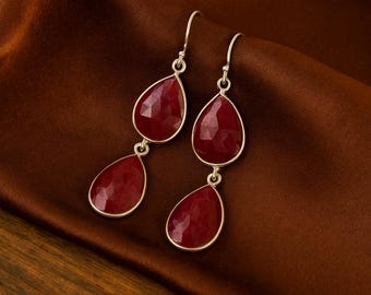 Handmade Ruby Pear Drop Earrings, 925 Sterling Silver Dangle Jewelry