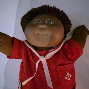 Vntg 1984 Cabbage Patch Kid Boy AA Dark Skin Brown Hair Yarn Hair Red Sailor...
