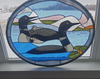 Leaded Beveled Stained Glass Oval Window Panel Loons and Babies 26.5 x 21 Signed
