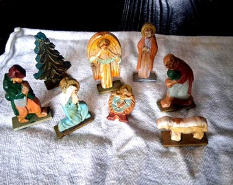 Belén de madera tallada a mano, estilo vintage, juego pequeño de 8 piezas