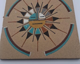 Vintage Navajo Sand Art Painting On Board Chiracahus Sun