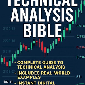 以下が含まれることがあります： 白で「THE TECHNICAL ANALYSIS BIBLE」というタイトルが付いた濃い青色のグラフィック。画像には、株式市場のチャートと「COMPLETE GUIDE TO TECHNICAL ANALYSIS」、「INCLUDES REAL-WORLD EXAMPLES」、「INSTANT DIGITAL DOWNLOAD」というテキストが含まれています。