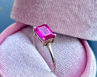 Ruby Engagement Ring: Emerald Cut Ruby Gemstone Ring, Sterling Silver Art Deco Travel Ring, Anniversary Ring, July Birthstone