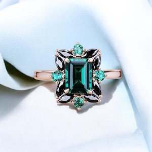 Emerald Ring Vintage Emerald Engagement Ring Solid Rose Gold Black Sapphire Ring Unique Antique Wedding Promise Anniversary Ring For Her