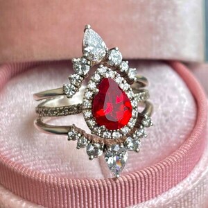 Pear Red Garnet Engagement Ring Sets For Woman- Wedding Ring-Promise Ring- January Birthstone- dainty Gift For Her- 14K Rose Gold Vermeil
