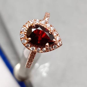 Delicate Rose Gold Garnet Ring, Solitaire Engagement Ring, Pear Shape Red Garnet Ring, Garnet Jewelry, Red Wedding Ring, Gift For Her