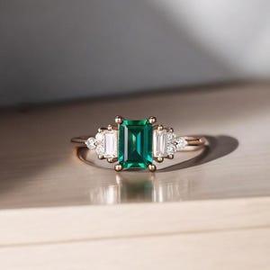 Solitaire Emerald Ring Solid 14K Gold Lab Green Emerald Center Engagement Ring Minimalist Style Anniversary Ring Promise Ring, Gift For Her