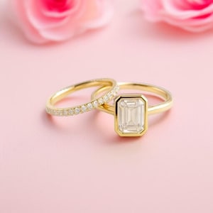 2 CT Emerald Cut Moissanite Engagement Ring 10K Gold Ring Bezel Set Wedding Rings Three Stone Emerald Cut Ring Moissanite Bezel Set Ring