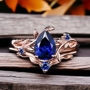 Handmade Patite Pear Blue Sapphire Ring Set/Sapphire Engagement/Royal Blue Promise Ring/Personalized Gifts for Her High Quality