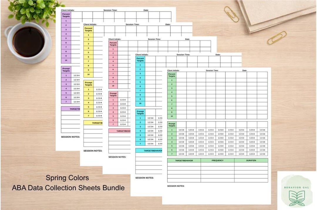 Aba Functions Spring Spring ABA Data Collection Bundle, 5 Data Sheets: Retro Yellow, Green ...