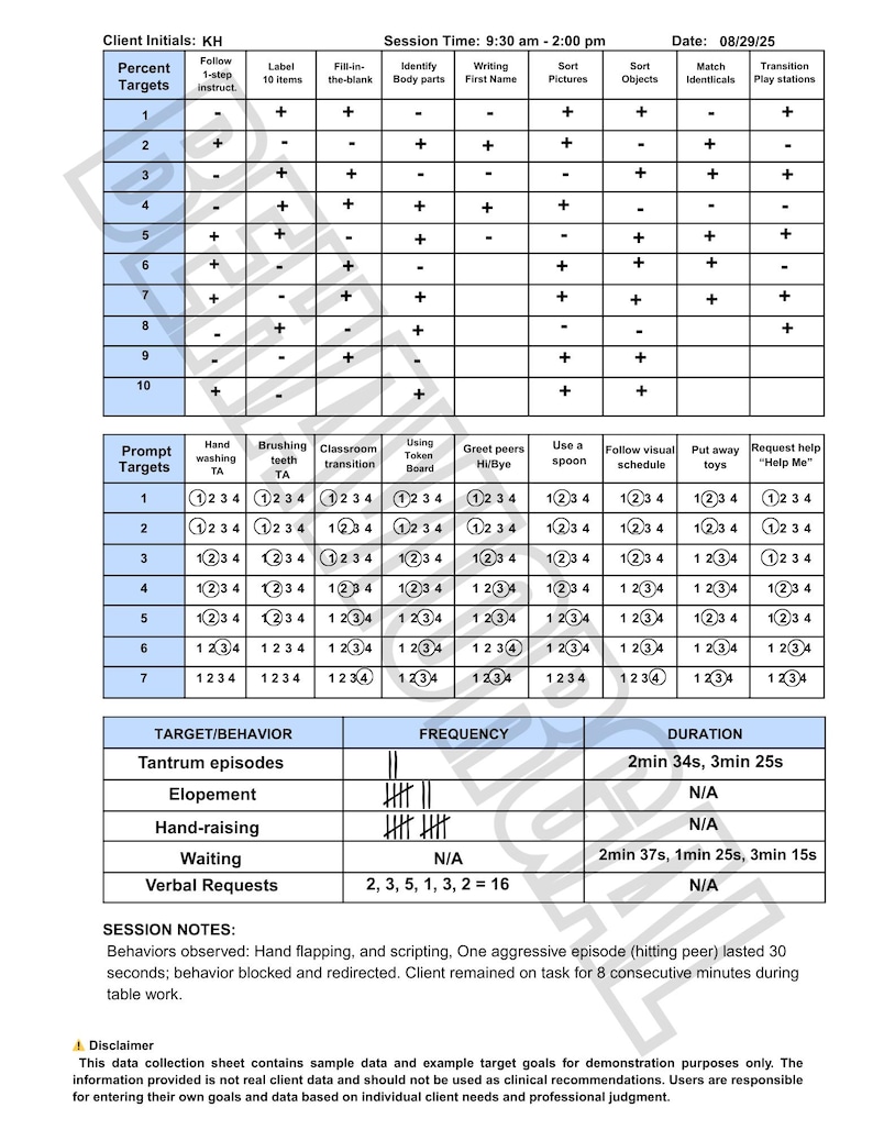 ABA Behavior Data Collection Sheet for Rbts, Bcbas, Teachers, Parents ...
