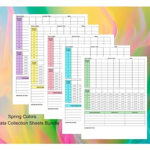 May include: A bundle of ABA data collection sheets titled "Spring Colors." The sheets are organized with colorful sections for data entry, including pink, yellow, blue, and green. The background is a vibrant mix of pink, yellow, and green.